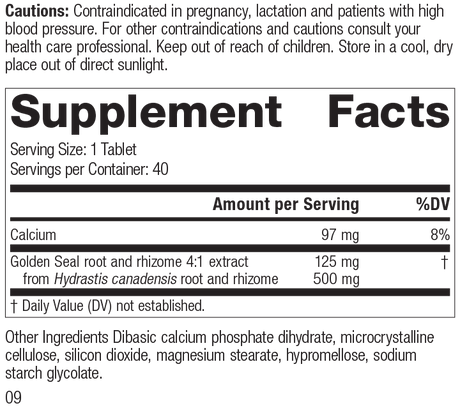 Golden Seal 500mg, 40 Tablets, Rev 07 Supplement Facts